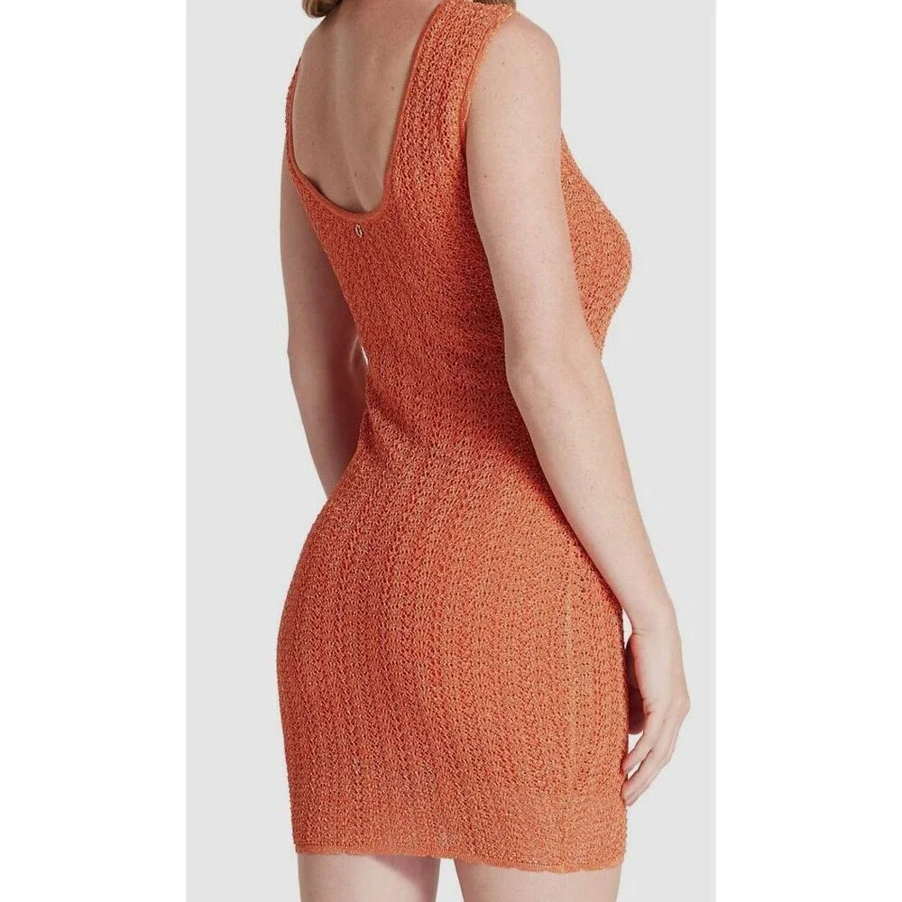 Guess Women's Orange Sleeveless Lined Pointelle Knit Bodycon Dress Size XL - Picture 2 of 2